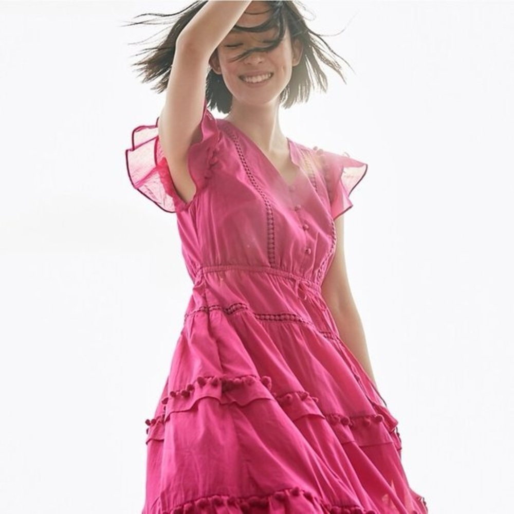 J Crew Pink Cotton Voile sun dress with Pom Pom trim size 14